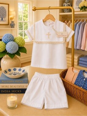 Smockingbird White Boys' Baptism Matching Set with Gold Trim